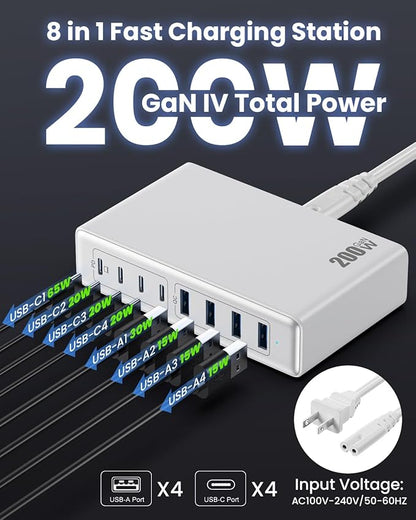 200W USB C Charger Block, GaN IV Charging Station 8 Ports, QC4.0 Fast Charging - Image 2
