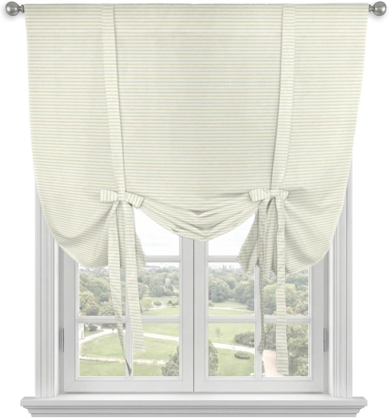Beige Stripes Seamless Tie Up Curtains for Windows, Modern Minimalist Art Rod Pocket Window Shade Adjustable Balloon Curtain Valance for Bedroom Kitchen Bathroom Blinds 34x45in