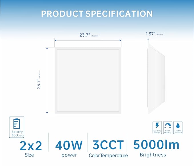 2X2 LED Flat Panel Light Emergency Battery Backup, 40W-3000K/4000K/5000K - Image 3