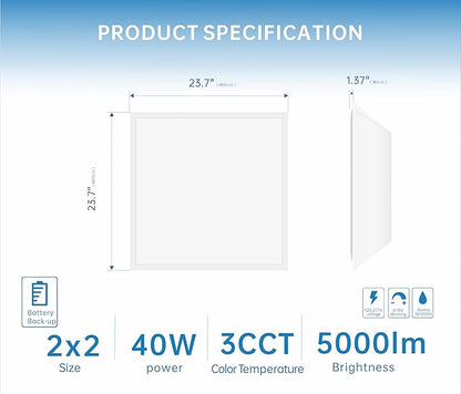 2X2 LED Flat Panel Light Emergency Battery Backup, 40W-3000K/4000K/5000K - Image 3