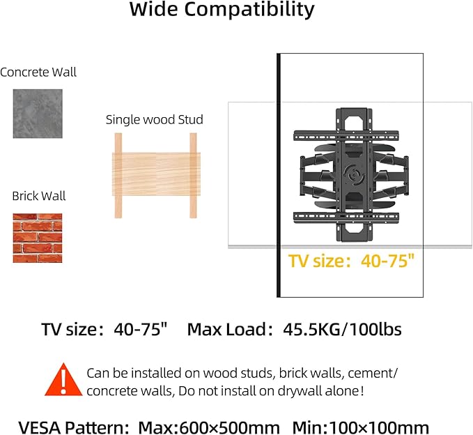 WANDEMEI Rotating TV Mount for 40-75 Inch LCD LED OLED Screen, Vertical and - Image 5