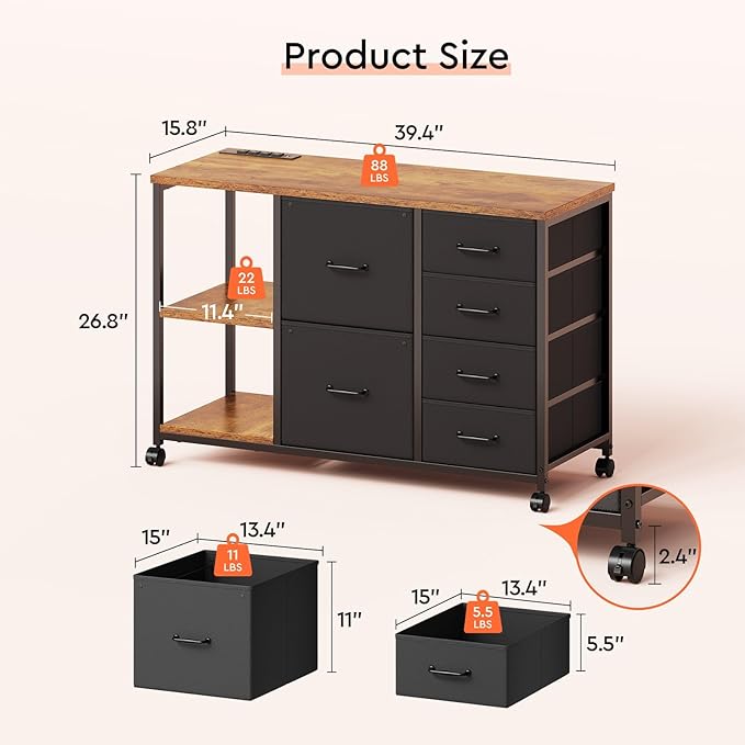 6 Drawer File Cabinet with Charging Station Rolling Printer Stand with Open - Image 3