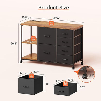 6 Drawer File Cabinet with Charging Station Rolling Printer Stand with Open - Image 3