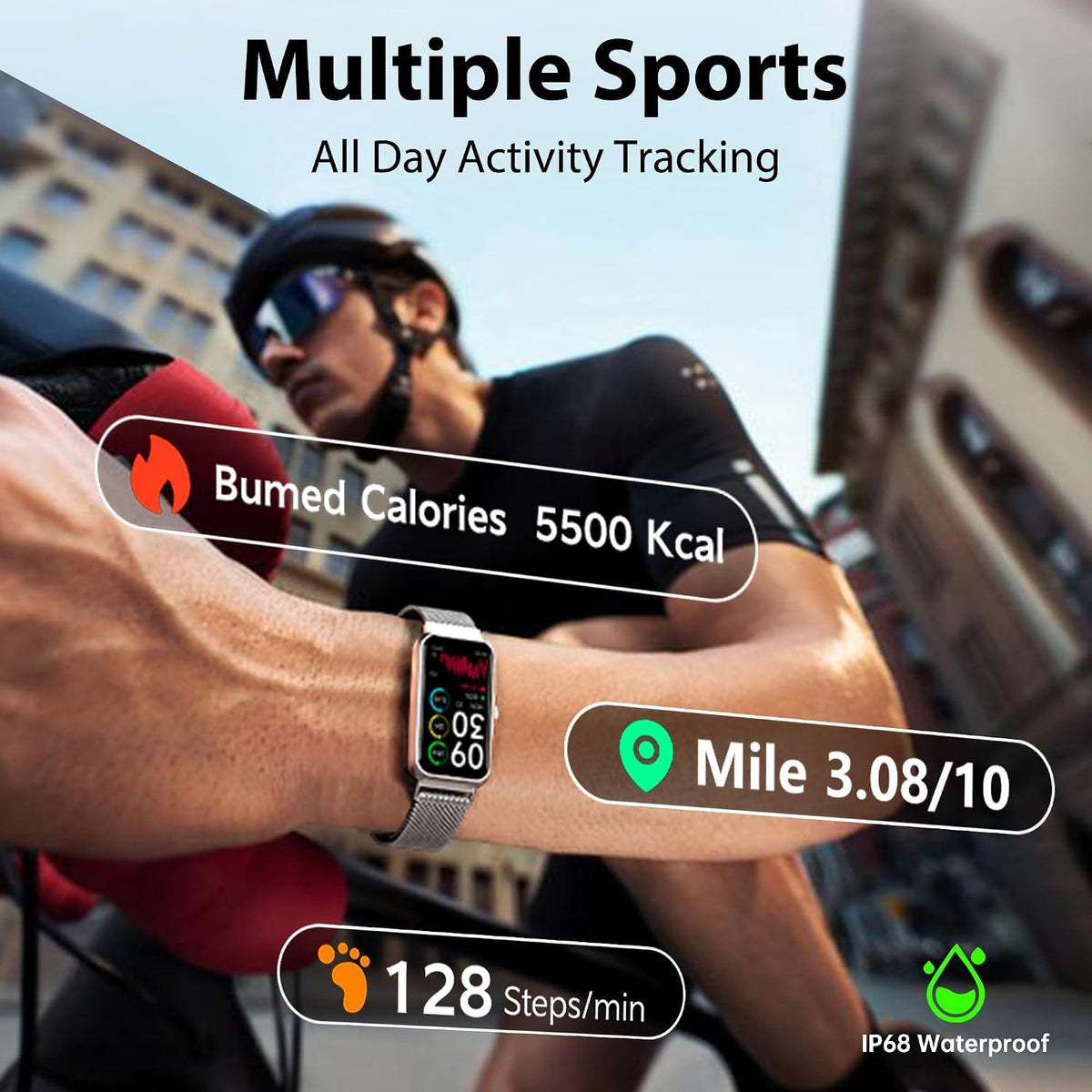 fitness tracker with 24/7 continuous heart rate, blood showing dimensions