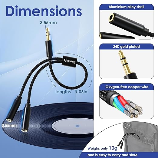 Quelong 3Pcs Headphone Splitter, Dual Headphone Nylon Braided Extension Cable - Image 4