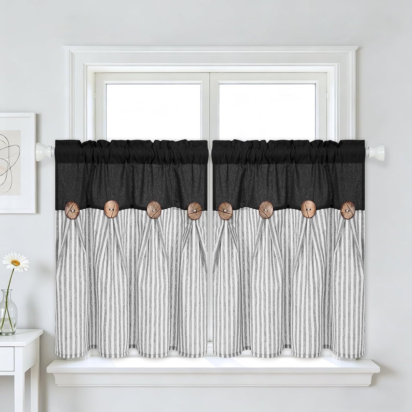 BLEUM CADE Farmhouse Kitchen Curtains 24 Inch, Cotton Linen Cafe Curtains with Rustic Buttons, Boho Small Window Curtains for Bathroom, Black with Grey Stripe Half Window Drapes Over Sink, 2 Panels