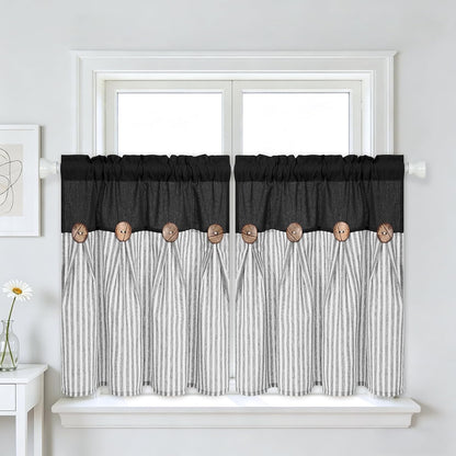 BLEUM CADE Farmhouse Kitchen Curtains 24 Inch, Cotton Linen Cafe Curtains with Rustic Buttons, Boho Small Window Curtains for Bathroom, Black with Grey Stripe Half Window Drapes Over Sink, 2 Panels