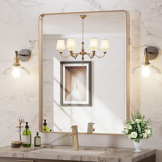 LOAAO 28”X36” Gold Bathroom Mirror, Rounded Rectangle Gold Frame Mirror by LOAAO