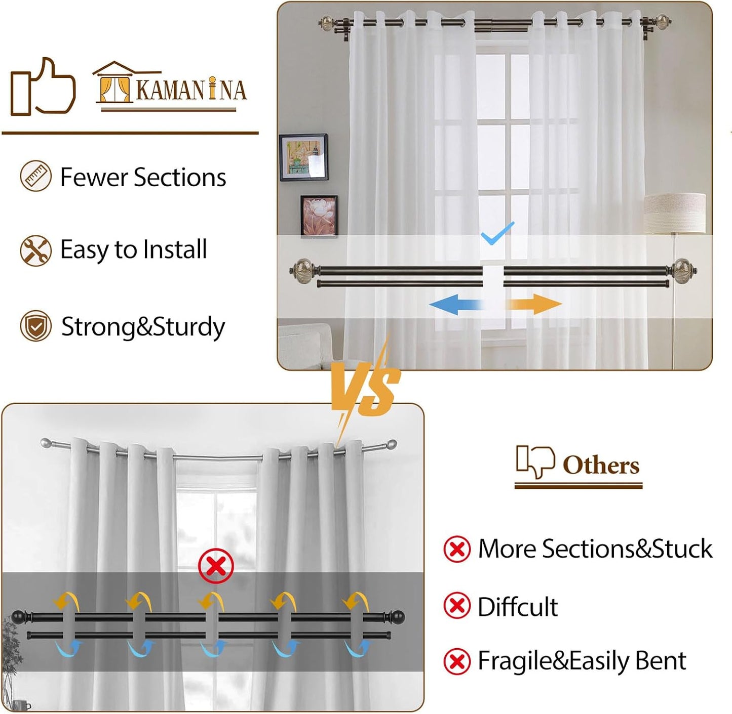 KAMANINA Double Curtain Rods for Windows 72 to 144 Inch, Adjustable, Bronze | Heavy Duty 1 Inch, Adjustable, Long Dual Drapery Rod for Living Room, Bedroom, Easy Install, Decorative Marbled Finials