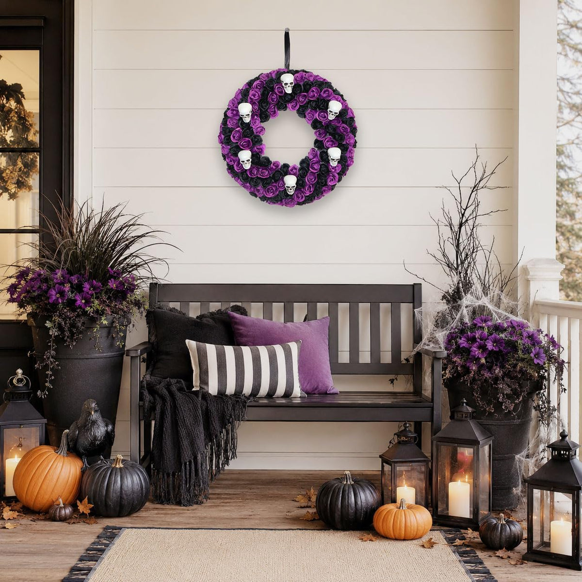 18 Inch Black & Purple Silk Rose Halloween Wreath, 6 Plastic Skulls