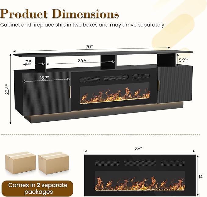70” Fluted TV Stand with 36” Electric Fireplace, 2 Tier TV Console Cabinet with - Image 2