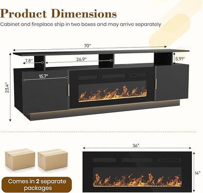 70” Fluted TV Stand with 36” Electric Fireplace, 2 Tier TV Console Cabinet with - Image 2