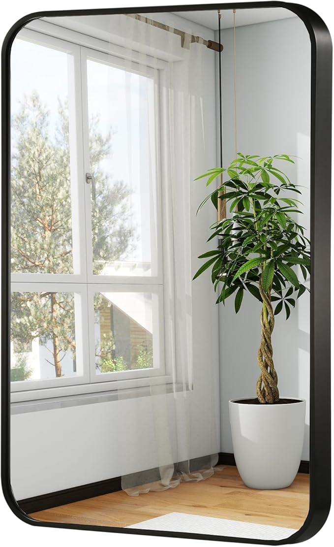24x36 Inch Black Wall Mirror for Bathroom, Brushed Metal Framed Mirror by JENBELY