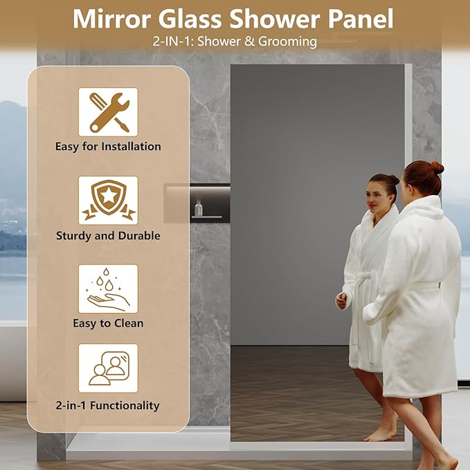 36"x76" Fixed Glass Shower Door, Single Mirror Privacy 3/8" Thick Tempered Glass - Image 4