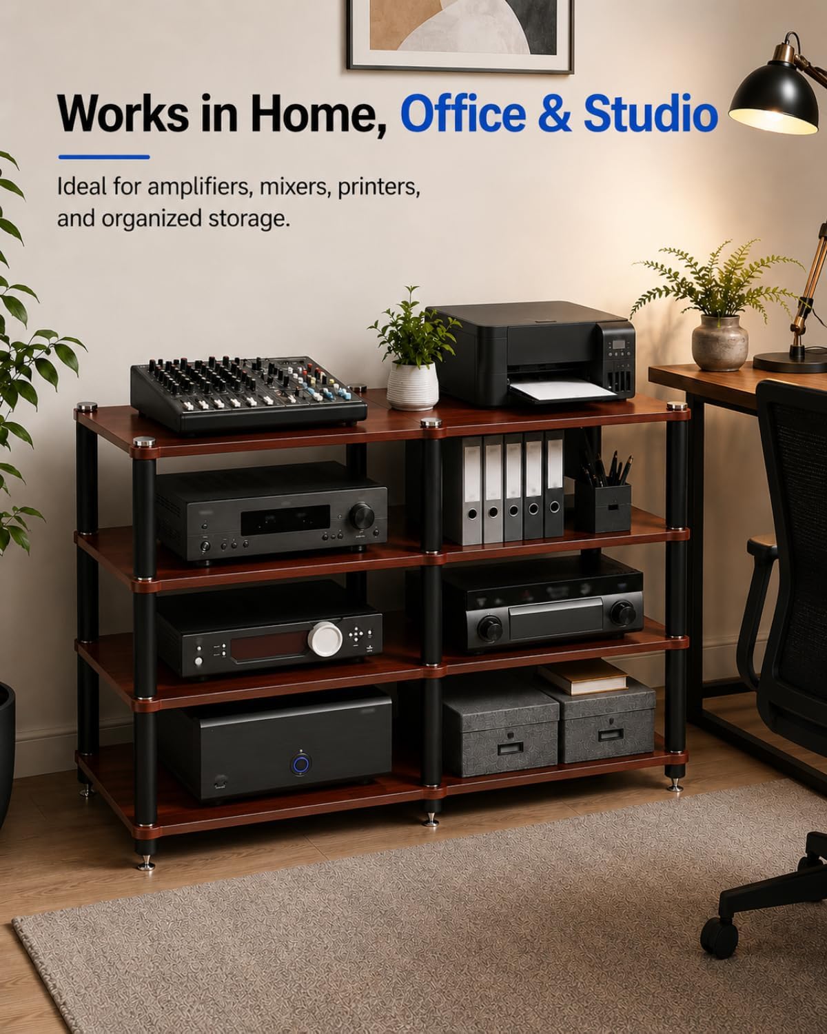 4 Tier Heavy Duty AV Media Stand, Stereo Stands and Racks, Teak
