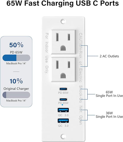 Recessed Power Strip Fast Charging Station 2 PD 65W USB C, Flush Mount - Image 3