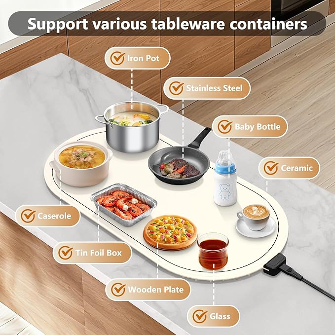 Warming Mat for Food with Adjustable Temperature Timer, 10S Fast Heating - Image 3