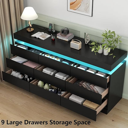 9 Drawer Dresser with Power Outlet, Dresser with LED Light, Modern Chest of - Image 5
