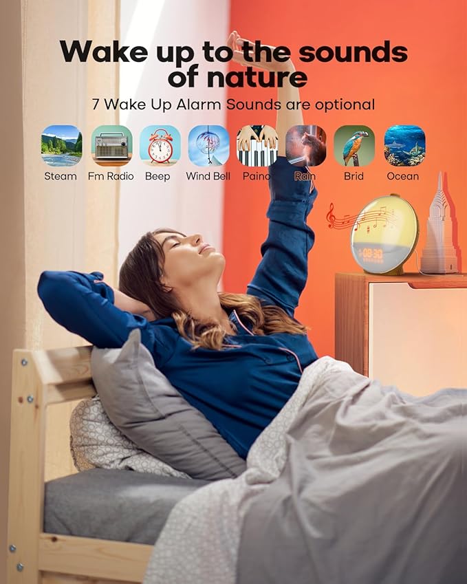 Dekala Sunrise Alarm Clock Wood Grain, FM Radio, Wake up Light Sunlight Sunset - Image 2