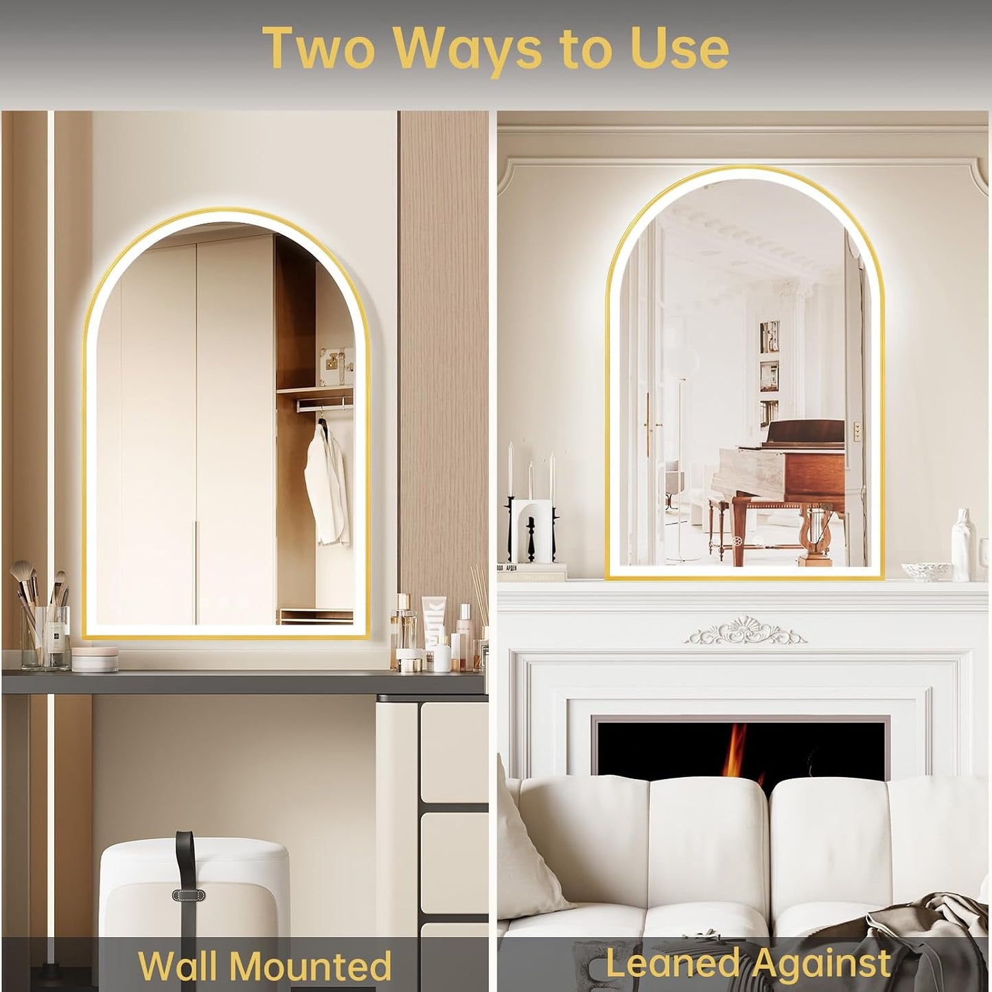 24"x36" Arched LED Lighted Bathroom Mirror with Lights | Gold Aluminum Frame, Fogless, Dimmable, Shatterproof, Touch Sensor, 3 Color Changing