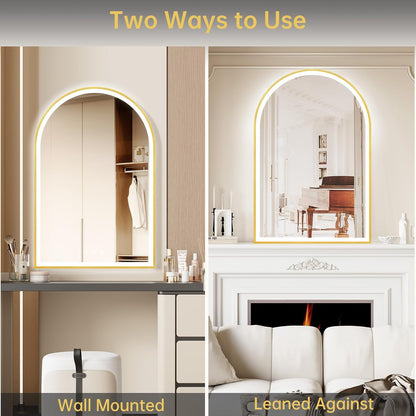 24"x36" Arched LED Lighted Bathroom Mirror with Lights | Gold Aluminum Frame, Fogless, Dimmable, Shatterproof, Touch Sensor, 3 Color Changing