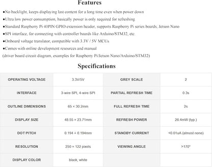 2.13inch E-Ink Display HAT V4 Version, Support Partial Refresh - Image 5