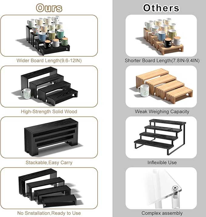 4 Set Large Black Wooden Tiered Riser Display Stands - Image 7