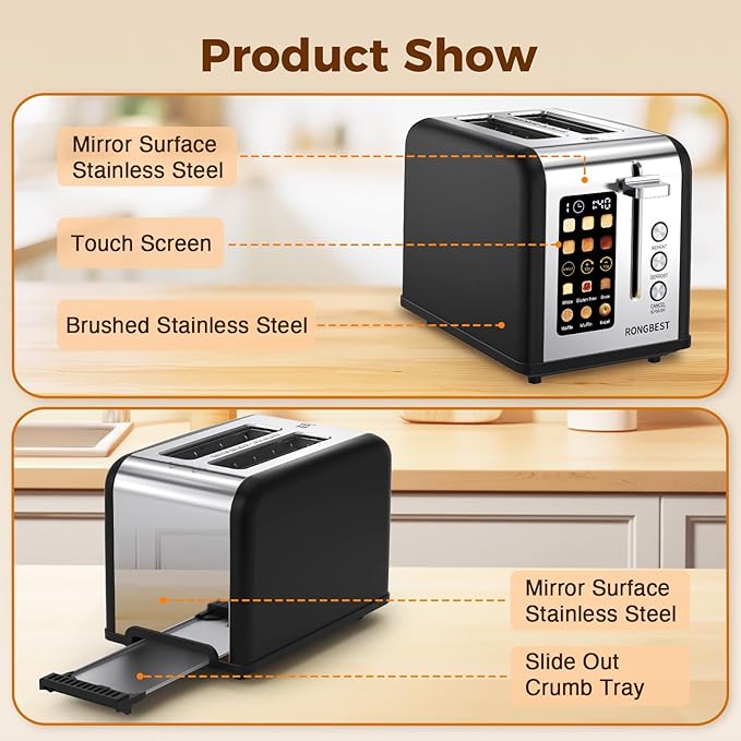2 Slice Easy Touch Screen Toaster, Stainless Steel Toaster - Image 5