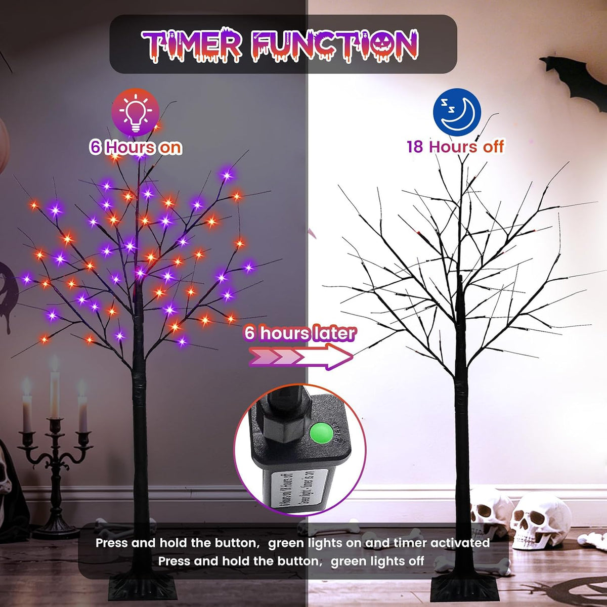 2 Pack 4 FT Lighted Black Halloween Tree Lights with 100 LED Orange Purple