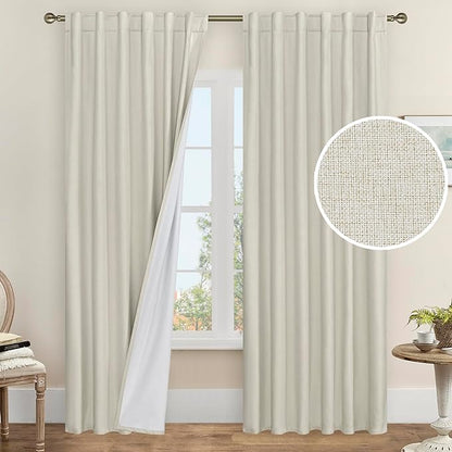 LAMIT 100% Blackout Curtains for Living Room, 90 Inch Linen Textured Thermal by LAMIT