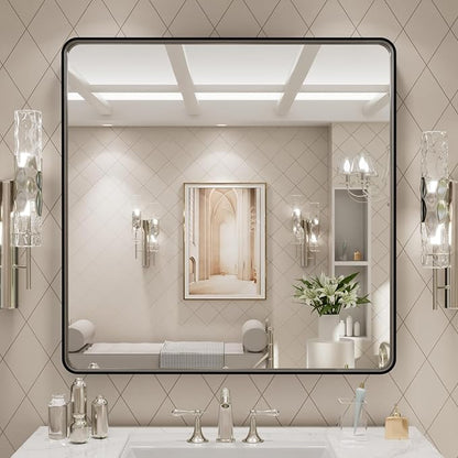 LOAAO 30x30 Inch Black Metal Framed Bathroom Mirror by LOAAO