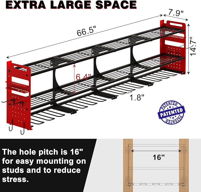 64" Power Tool Organizer Wall Mount, 16 Slots, 3-Tier Drill & Cordless Tool - Image 2