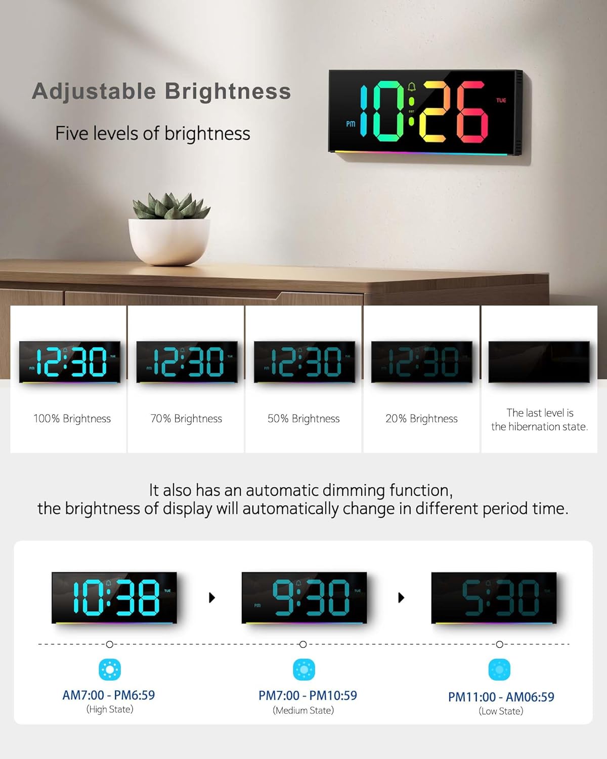 Large Digital Wall Clock 12", Digital Clock with Full Screen Display, 12 RGB Colors Changing Remote Control, DST, Wall Clock with Night Lights for Elderly Living Room Bedroom Office Gaming Room Decor