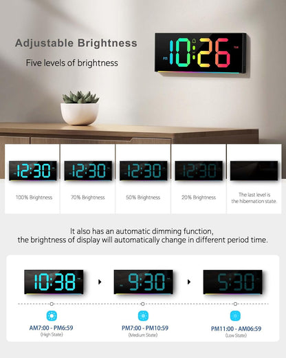 Large Digital Wall Clock 12", Digital Clock with Full Screen Display, 12 RGB Colors Changing Remote Control, DST, Wall Clock with Night Lights for Elderly Living Room Bedroom Office Gaming Room Decor