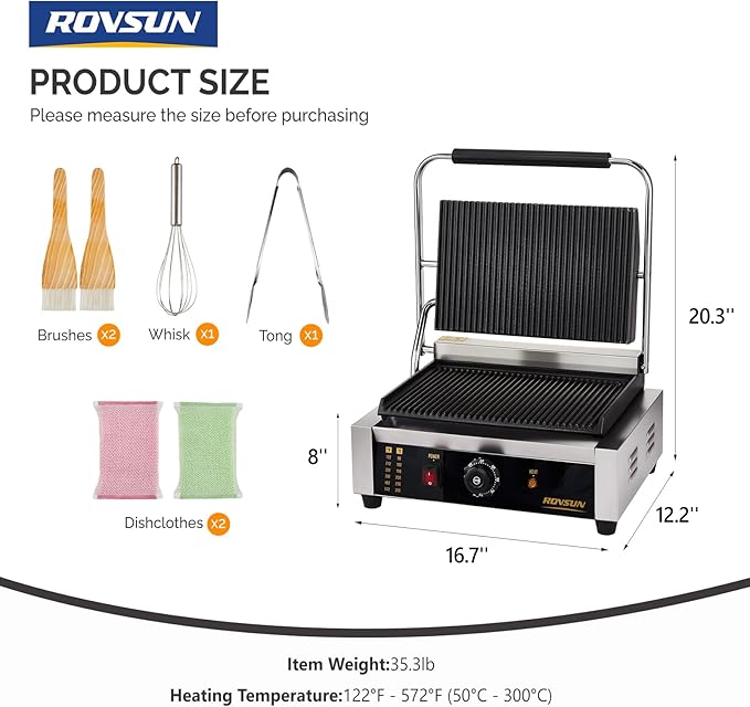 ROVSUN 811E Commercial Panini Press Grill, 2200W Stainless Steel Electric - Image 9