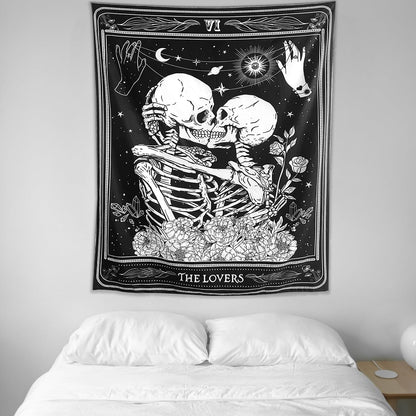 KJHL The Lovers Skull Wall Tapestry, Black and White Skeleton Wall Hanging | Gothic Room Decor,Dark Vertical Tarot Backdrop, Witchy Aesthetic Tapestries for Bedroom Living Room Dorm 60" x 44"