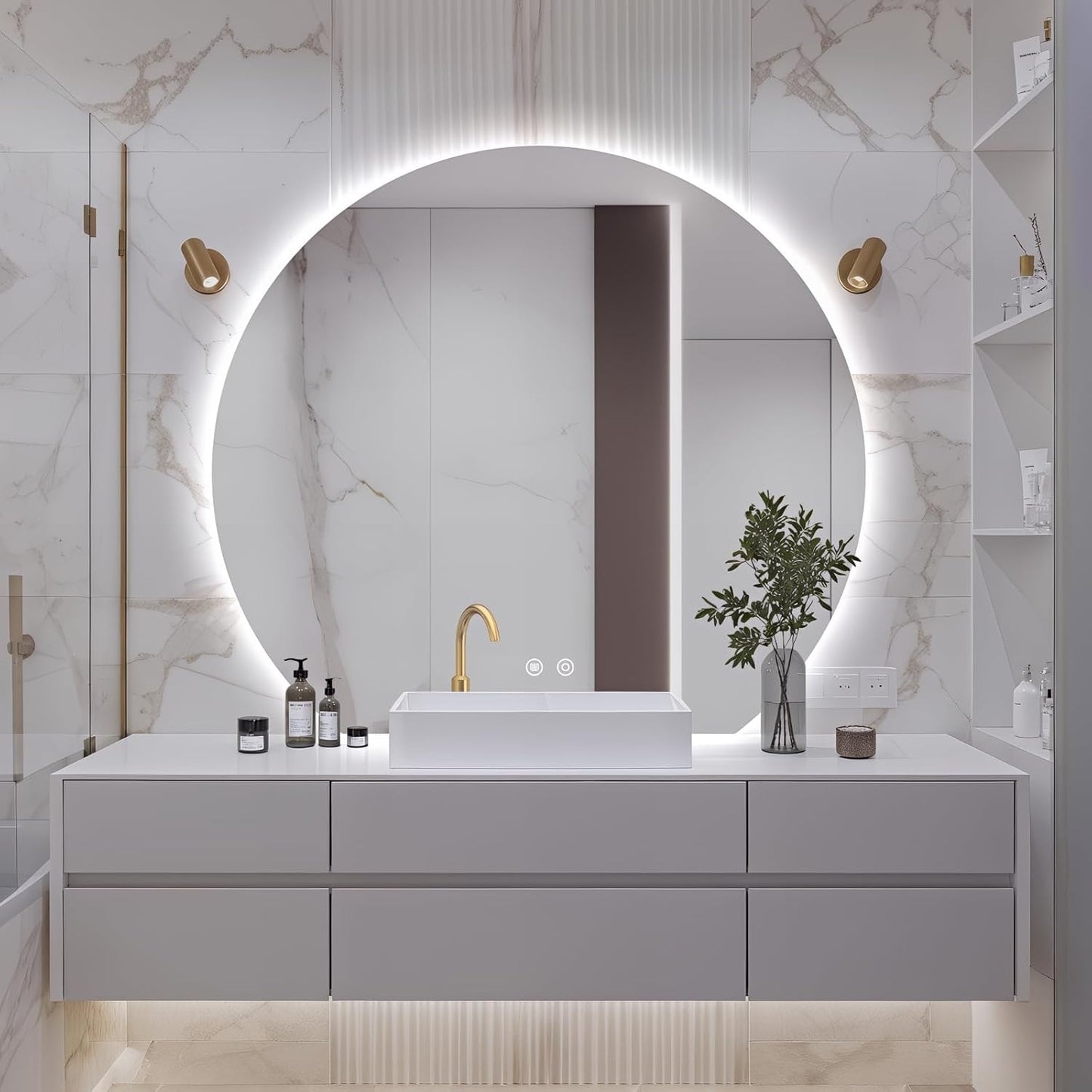 Niccy Round LED Bathroom Mirrors, Half Circle Backlit Mirror, 36" | Frameless Half Moon Mirror for Bathroom Wall, 3 Color Dimmable Anti-Fog Makeup Mirror, Explosion-Proof