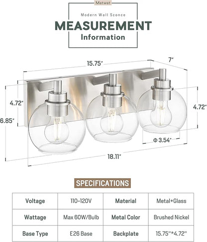 METWET Bathroom Light Fixtures, 3-Light Brushed Nickel Vanity Light, Modern - Image 2
