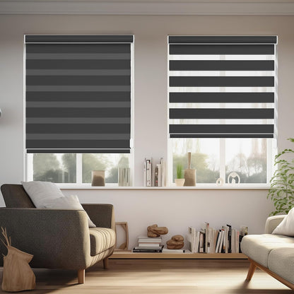 Custom Size Zebra Blinds for Indoor Windows with Cord, Dual Layer Blackout Zebra Roller Shades Corded Pull Down for Home Office Sliding Glass Door Black Out Room Darkening Easy Install