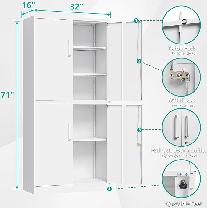 Metal Storage Cabinet with 3 Adjustable Shelves, Tall Steel Pantry Cabinets 4 - Image 3