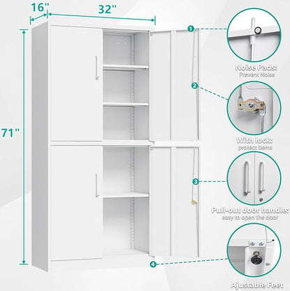 Metal Storage Cabinet with 3 Adjustable Shelves, Tall Steel Pantry Cabinets 4 - Image 3