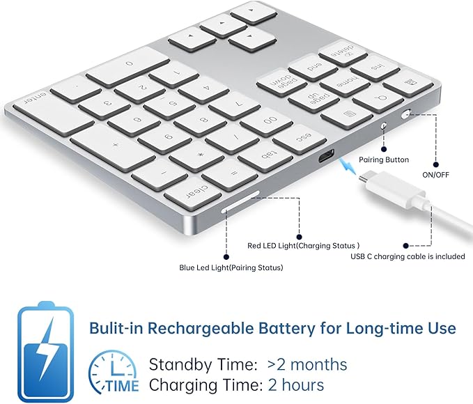 HoRiMe Bluetooth Number Pad, Rechargeable Wireless Numeric Keypad Slim 34-Keys - Image 4