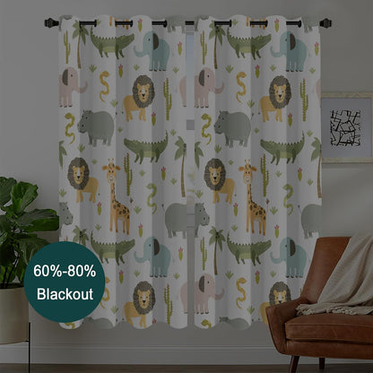 MESHELLY Baby Safari Animals Blackout Curtains 52Wx63H Inch for Boy Bedroom Grommet Pair Kids Woodland Jungle Lion Elephant Art Printed Curtains for Nursery Living Room Window Treatment Fabric