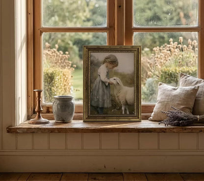 Gold Framed Vintage Aesthetic Girl With Sheep Wall Art Rustic Farmhouse Print Poster Artwork Sheep Cottagecore Wall Decor for Living Room Bedroom Bathroom Decoration 9x11in