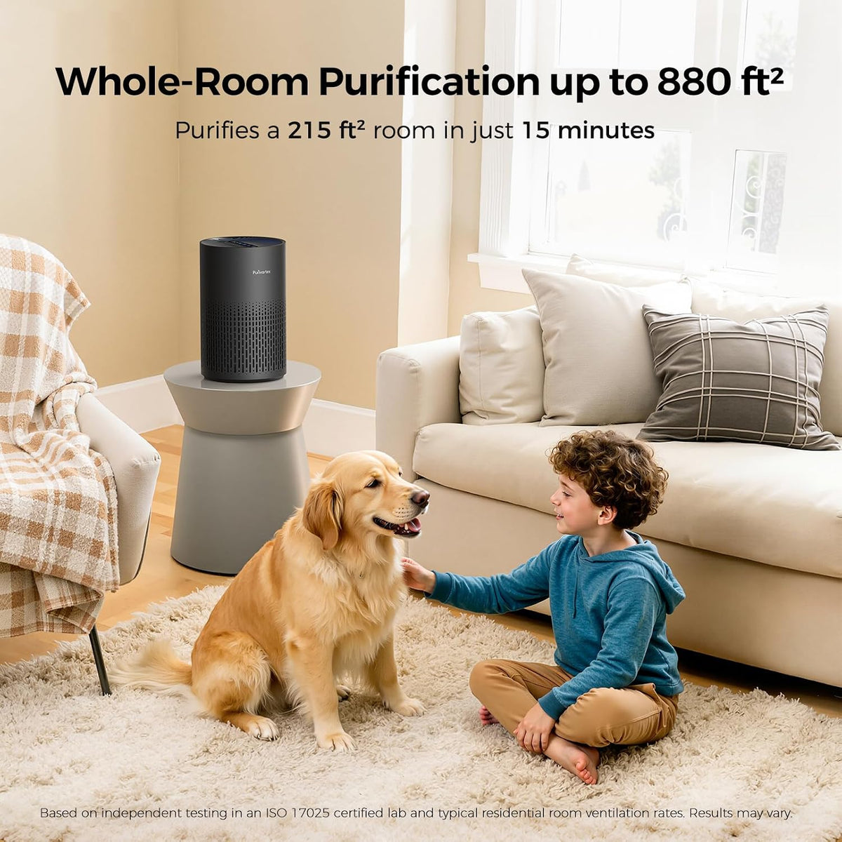 purivortex air purifiers for bedroom, covers up to shown in use
