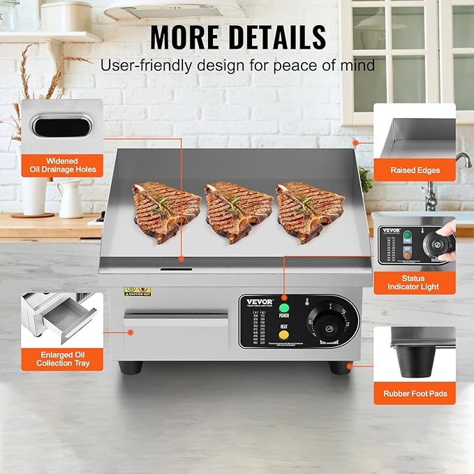VEVOR Commercial Electric Griddle, 1700W Countertop Flat Top Grill, 14in - Image 6