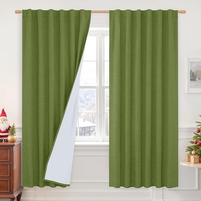 LAMIT Olive Green 100% Blackout Linen Curtains, 80 Inch Linen Textured Living by LAMIT