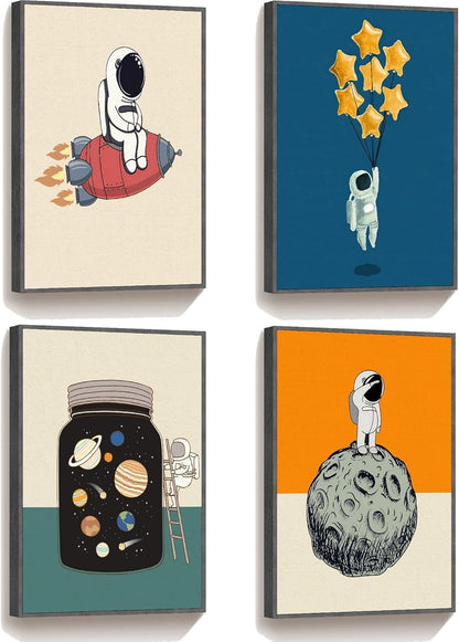 Framed Space Room Decor, 4 Piece Canvas Wall Art, 12x16 Inch | Space Room Boho Large Wall Decor Astronaut Rocket Planet Painting Prints Inspirational Art for Living Room Bathroom Bedroom