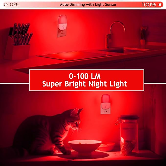670nm Red Light Night Light for Sleep Therapy, 2 Pack Auto On/Off Dimmable - Image 3