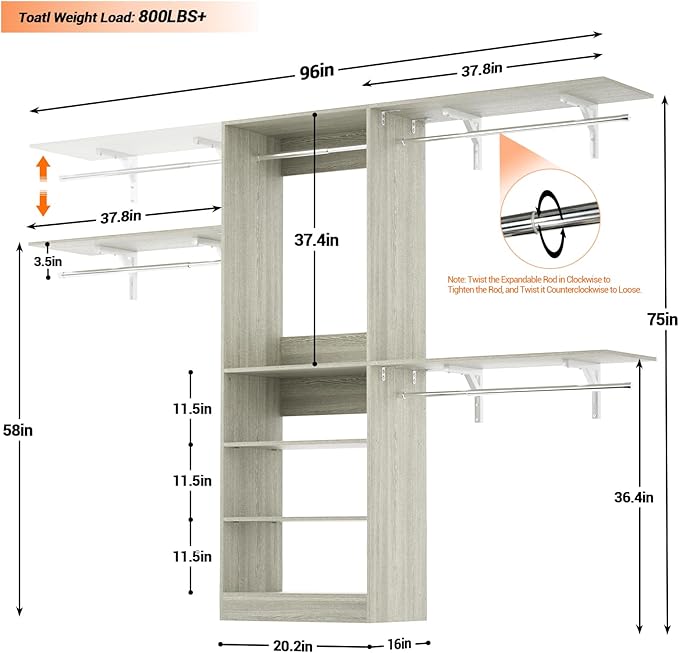 8FT Closet System with Shelves, Wall Mount Bedroom Wardrobe Walk-in Closet - Image 7